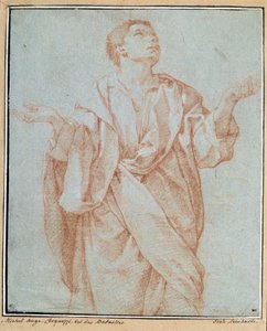 Man drapera, armarna öppna, ögonen höjda mot himlen, huvudet lutar Teckning a la sanguine av Bartolomeo Cesi (1556-1620) Dim. 0,28 x 0,23 m Paris. Louvren