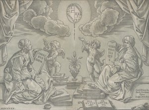 Allegori av en avhandling, två kvinnor håller inskrivna tavlor, 1640.
