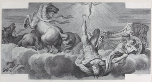 Plåt 34: Auriga, vagnföraren, faller från vagnen i mitten, med tre hästar vid l..., 1756. Skapare: Bartolomeo Crivellari, Gabriel Söderling. av Bartolomeo Crivellari, Gabriel Söderling