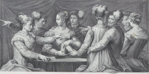 En grupp elegant klädda personer som spelar kort, 1740-68