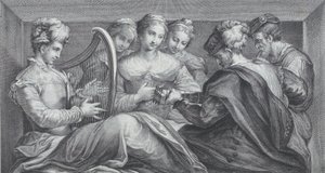 En grupp elegant klädda människor som spelar harpa och gitarr, 1740-68