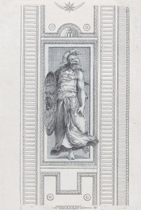 Skylt 15: mytologisk figur som bär en hjälm och håller en sköld, 1756