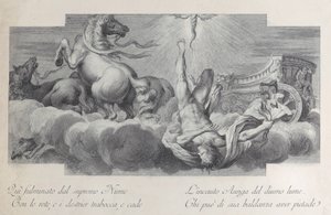 Plåt 34: Auriga, vagnföraren, faller från vagnen i mitten, med tre hästar vid l..., 1756