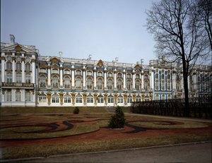 Utsikt över palatset Catherine (Tsarskoie Selo eller Tsarskoye Selo) realiserat av arkitekten Bartolomeo Francesco Rastrelli (ca 1700-1771) 1752-1756, Pushkin (Pushkin) Ryssland