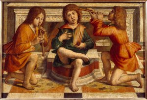 Tre änglar Musiker Målning av Bartolomeo Montagna (1450-1523) 1500-talet sön. 0,47x0,7m Lyon, Musee des Beaux Arts