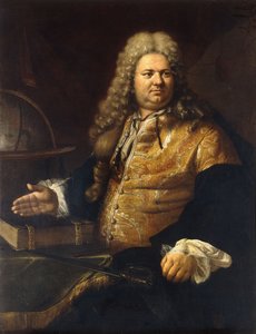 Porträtt av en gentleman, som sägs vara skådespelaren James Quin, i titelrollen i Addisons Cato, sittande tre fjärdedels längd, i en brokadrock och grön mantel vid ett bord med ett Wword, en bok och en klot av Bartolomeo Nazzari
