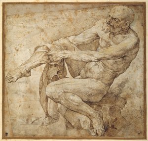 Naken man drar på sin slang, efter Marcantonio Raimondi och Michelangelo Buonarroti (penna & brunt bläck på papper)