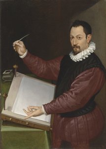 Porträtt av en skrivare i en röd dubblett och vit ruff (olja på duk) av Bartolomeo Passarotti