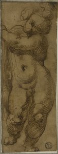 Stående Putto sett framifrån: Studera för jungfrun i ära med de heliga Petronius, Dominic och Peter Martyr av Bartolomeo Passarotti