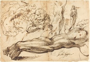 Studier av en vänsterarm, en ung kvinna, en madonna och ett barn, ett ansikte i profil och nakenfigurer av Bartolomeo Passarotti