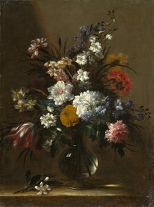 En vas med blommor på ett bord, ca 1660-1670
