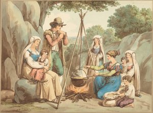 En bondefamilj som lagar mat över en lägereld av Bartolomeo Pinelli