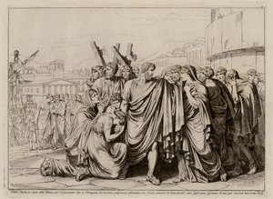 Atilius Regulus förbereder sig för att lämna Rom för att återvända till fångenskapen i Kartago (etsning)