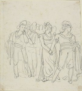 Brigadchef hålls tillbaka av en kvinna (recto); Skiss till två figurer i ett landskap (verso) av Bartolomeo Pinelli