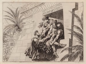 Kleopatra och hennes följeslagare lyfter in den döende Marcus Antonius i sin grav (etsning) av Bartolomeo Pinelli