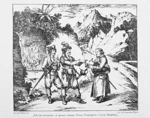 Don Abbondio möter två Bravi, litografi av Bartolomeo Pinelli (1781-1835) för The Troloved av Alessandro Manzoni (1785-1873), Italien, 1800-talet av Bartolomeo Pinelli