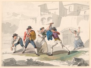 Teckning, En huslig dispyt i Tivoli, 1807-08 av Bartolomeo Pinelli