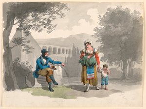 Teckning, En kvinna som håller en pojke i handen passerar en gentleman som sitter bland ruiner i Campagna, 1807 av Bartolomeo Pinelli