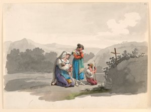 Teckning, kvinna med spädbarn som ber framför korset som markerar platsen där hennes make dödades, 1807-08 av Bartolomeo Pinelli
