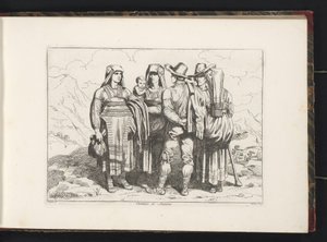 Tre kvinnor och två män från Sonnino Costumi di Sonnino (titel på objekt) Kostymtryck med figurer från Rom med omnejd (serietitel) Nuova raccolta di cinquanta costumi de contorni di Roma (serietitel) av Bartolomeo Pinelli