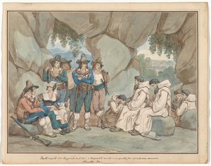 ”Frati”, tillfångatagen av briganti och hållen i en grotta, illustration till Romerska dräkter och seder av Bartolomeo Pinelli
