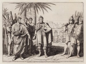 Gaius Popillius Laenas ritar en cirkel i sanden runt Antiochus IV Epiphanes (etsning) av Bartolomeo Pinelli