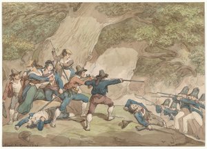 Gendarmer från Kungariket Neapel i strid med kalabrierna, illustration till Romerska dräkter och seder av Bartolomeo Pinelli