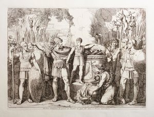 Hamilkar Barca får sin son Hannibal att svära på evigt hat mot romarna av Bartolomeo Pinelli