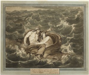 Mentor och Telemachus, efter att ha överlevt stormen, är glada till ön Calypso på en mast, från Telemachos äventyr, bok 6 av Bartolomeo Pinelli