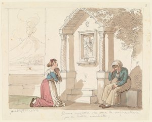 En kvinna från Neapel som ber till Jungfru Maria för sin sjuka mor, illustration till boken ”Romerska dräkter och seder” av Bartolomeo Pinelli