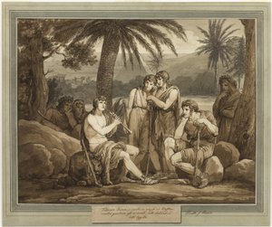 Telemachus spelar och sjunger för herdarna i Egypten, från Telemachos äventyr, bok 2 av Bartolomeo Pinelli