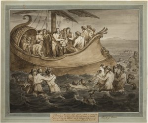 Telemachos och mentor i ett kök efter att ha flytt från ön Calypso, från Telemachos äventyr, bok 8 av Bartolomeo Pinelli
