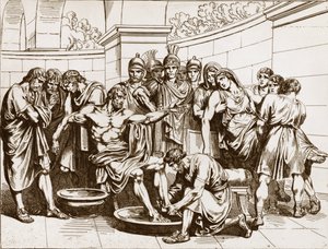 Den romerske filosofen Seneque (Lucius Annaeus Seneca, 4 f.Kr.-65 AD. JC), anklagad för att ha deltagit i en konspiration mot kejsar Neron, beordrades att begå självmord - gravyr av Bartolomeo Pinelli - Senecas död, gravyr av Bartolomeo Pinelli (1781)