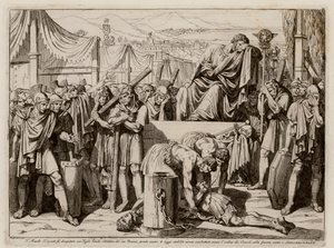 Titus Manlius Torquatus får sin son halshuggen för att ha lämnat sin post i strid (etsning)