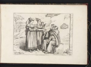 Två kvinnor från Frascati och en eremit Donne di Frascati, ed Eremita (titel på objekt) Kostymtryck med figurer från Rom med omnejd (serietitel) Nuova raccolta di cinquanta costumi de contorni di Roma (serietitel) av Bartolomeo Pinelli
