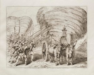 Vagnar med hö som transporterades från landsbygden till Rom för att föras till ladorna under juni månad av Bartolomeo Pinelli