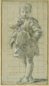En ung pojke som står (svart krita på carta azzurra)
