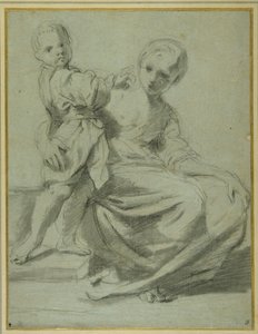 Mor och barn (svart krita med brun tvätt på carta azzurra)