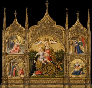 Ödmjukhetens madonna, bebådelsen, födseln och Pietà, ca 1465 (tempera och guld på trä)