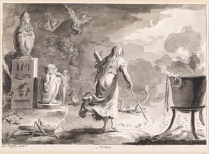 Medea. En kvinna med ryggen vänd, mellan reptiler, havsdjur, en häxgryta och egyptiska gudar, skriver på natten trolldomsrunor i en cirkel på marken. av Bartolomeo d