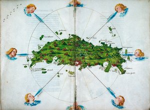 Isolario, på vers, med teckningar i färg och en karta över östra Medelhavet på pergament, ca 1480 (teckning på pergament)