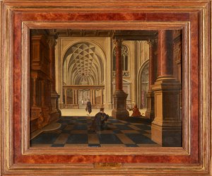 Figurer i en kyrklig interiör (olja på panel)