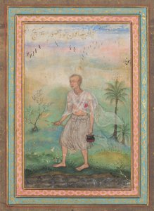 Jain asketisk promenad längs en flodstrand av Basavana