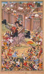 Belägringen av Arbela under Hulagu Khans era, sida från en Chingiz-nama (Chingiz Khans bok) av Jami al-tavarikh (Krönikernas kompendium) av Rashid al-Din (persiska, 1247–1318) av Basavana