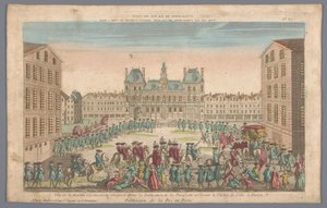 Utsikt över stadshuset i Paris med en procession som förkunnar fred Publicacion de la paz en Paris (titel på objekt)
