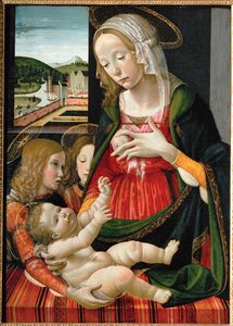 Madonna som ammar Jesusbarnet, omgiven av änglar ... (målning på trä)