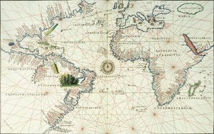 En dubbelsidig karta över Atlanten, som visar Nord- och Sydamerikas östkust, 1544