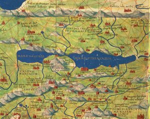 Heligt land, Israel och Palestina: Galileiska sjön och staden Tiberias, från Atlas of the World i trettiotre kartor, av Battista Agnese av Battista Agnese