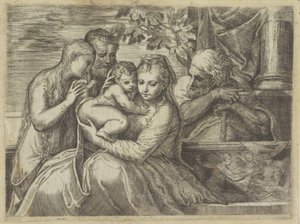 Helig familj med heliga av Battista Angolo del Moro (attributed to)