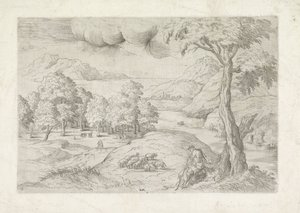 Panoramalandskap med ruiner, en stad och resenärer Landschap träffade herder